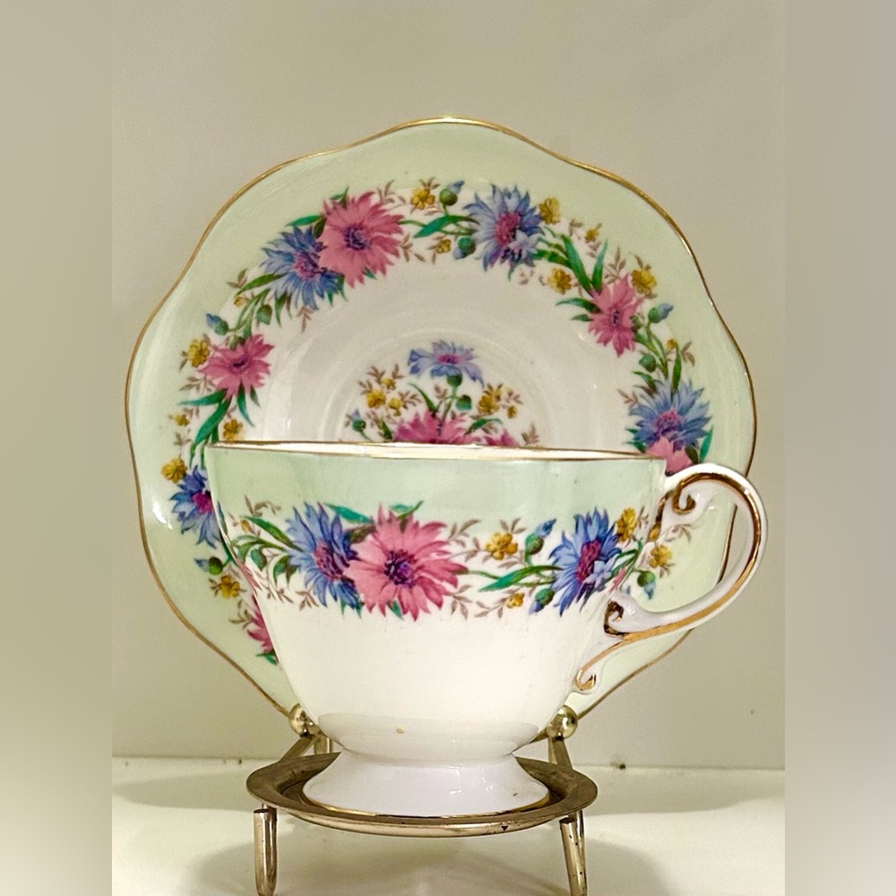 EB Foley England Bone China Cornflower Green Floral Tea Cup and Saucer